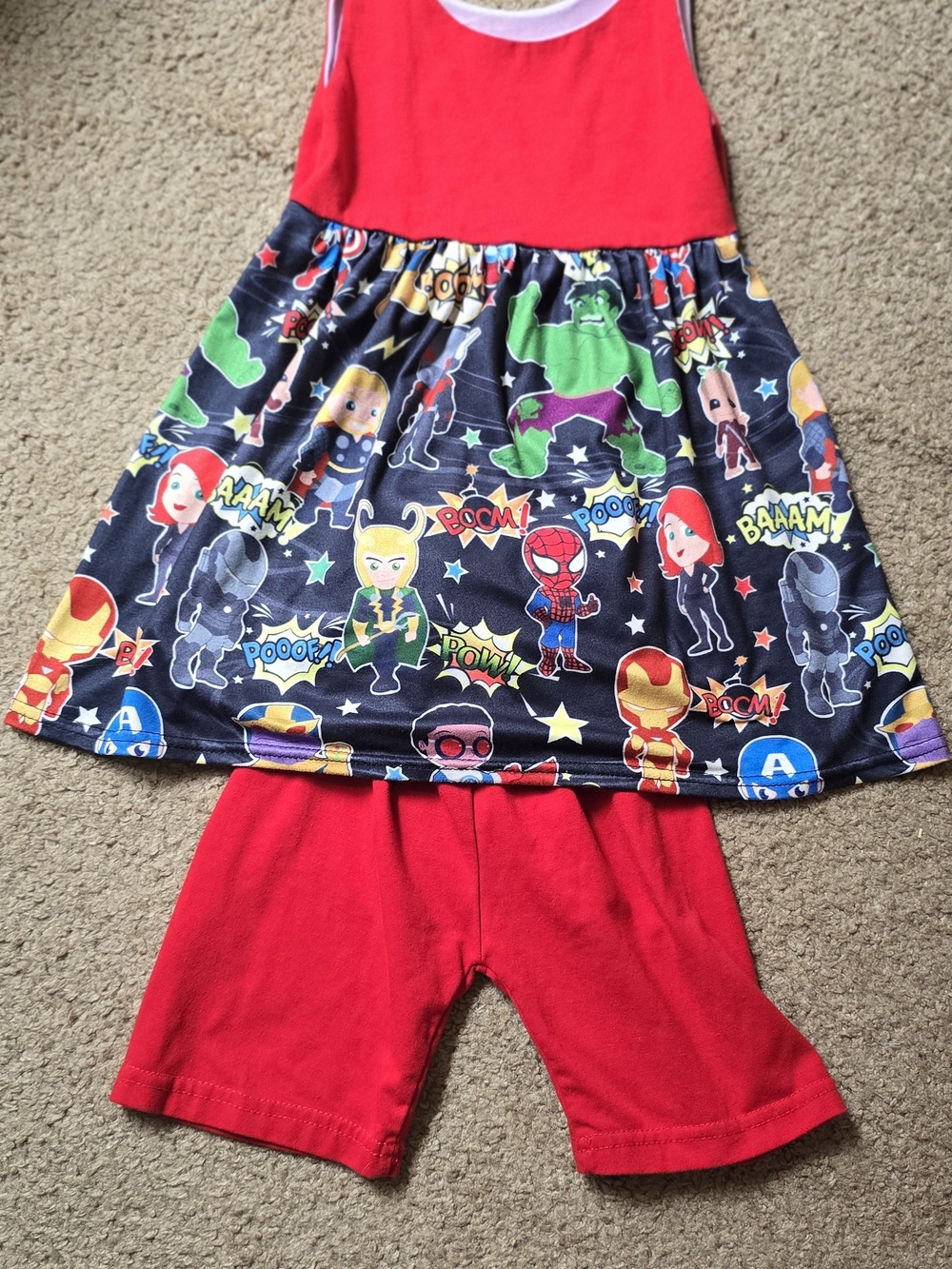 Kids Red Superhero Dress & Shorts Set